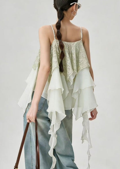 Casual Light Green Asymmetrical Layered Patchwork Lace Tops Summer