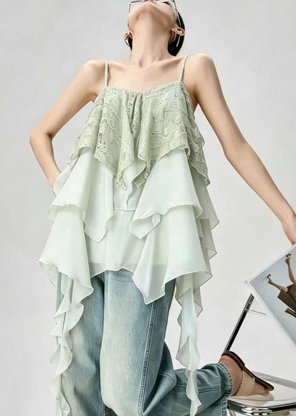 Casual Light Green Asymmetrical Layered Patchwork Lace Tops Summer