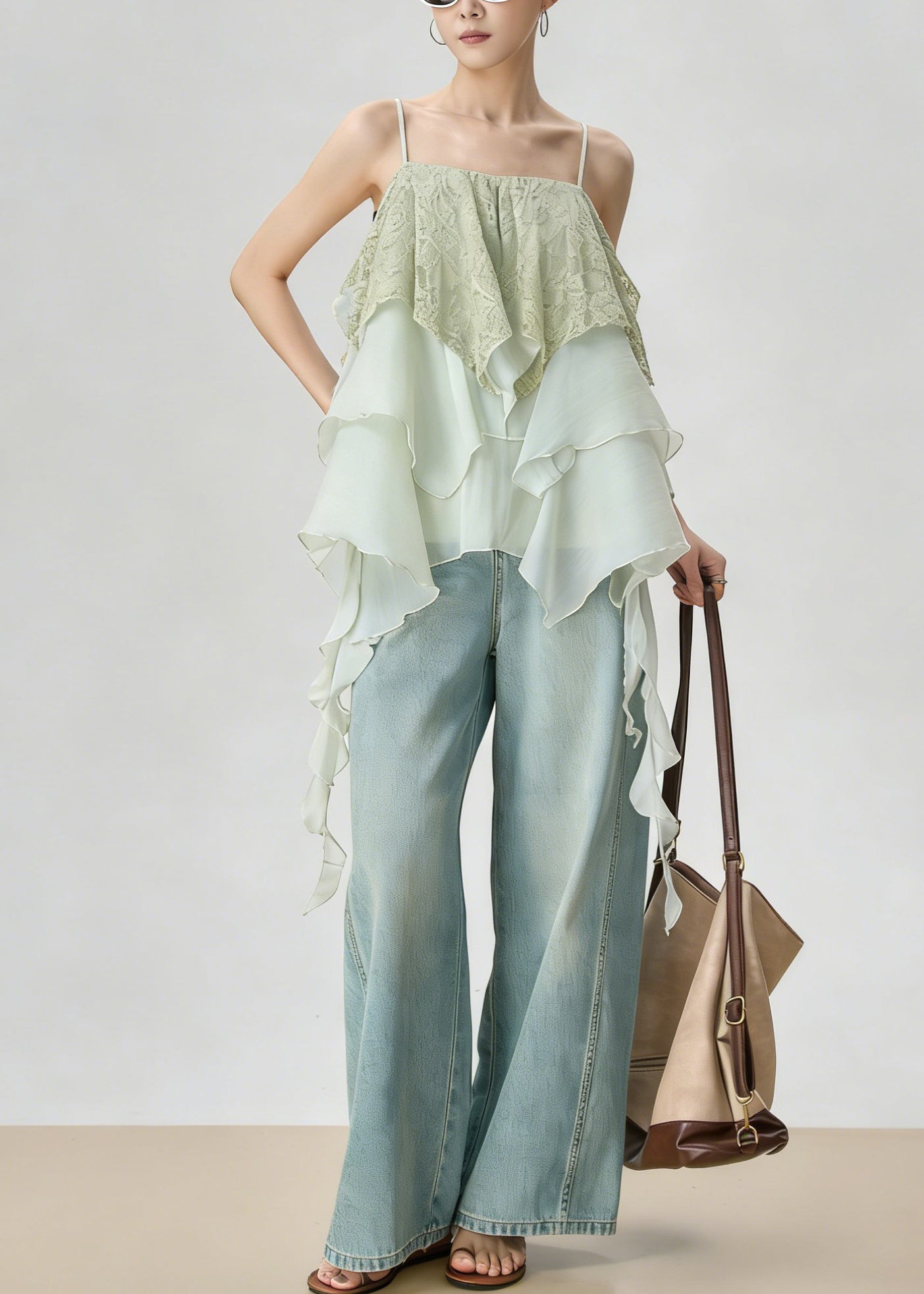 Casual Light Green Asymmetrical Layered Patchwork Lace Tops Summer