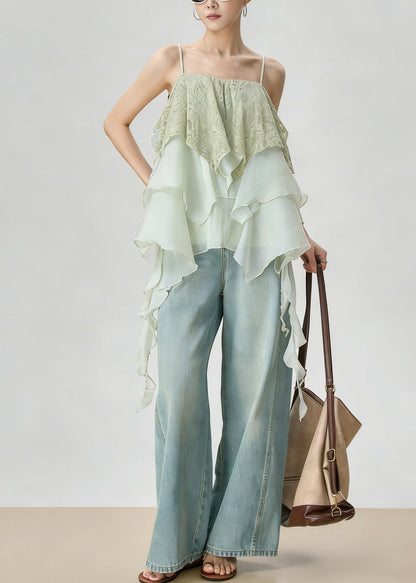 Casual Light Green Asymmetrical Layered Patchwork Lace Tops Summer