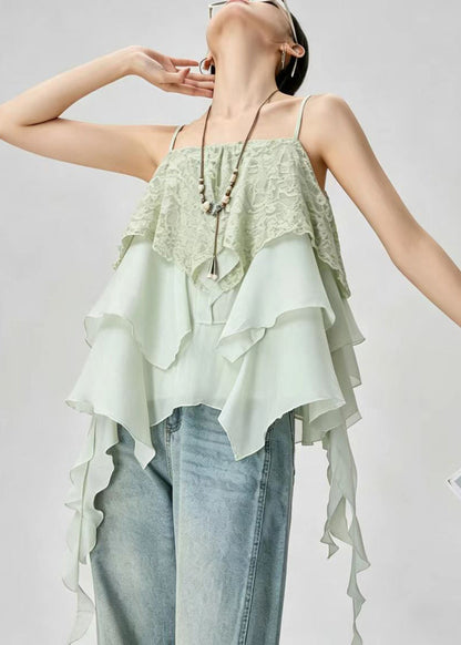 Casual Light Green Asymmetrical Layered Patchwork Lace Tops Summer