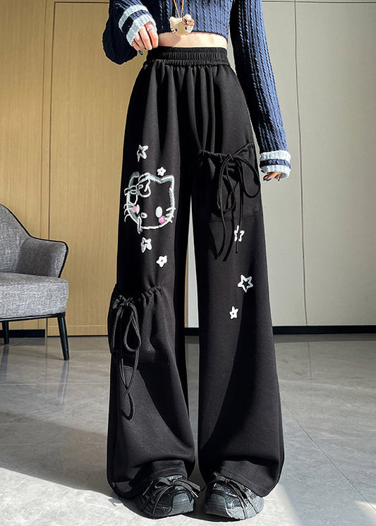 Pantalones casuales de algodón gris claro con cintura elástica y bolsillos estampados para primavera