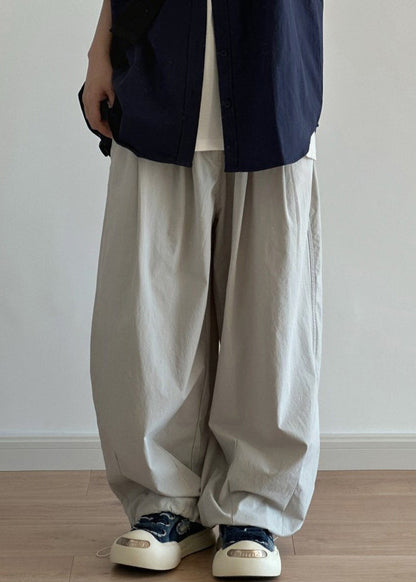 Casual Light Grey Pockets Drawstring Cotton Men Wide Leg Pants Summer