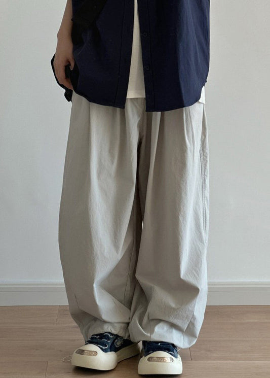 Casual Light Grey Pockets Drawstring Cotton Men Wide Leg Pants Summer