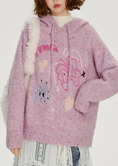 Lässiger, hellvioletter Kapuzenpullover aus Jacquard-Strick für den Winter