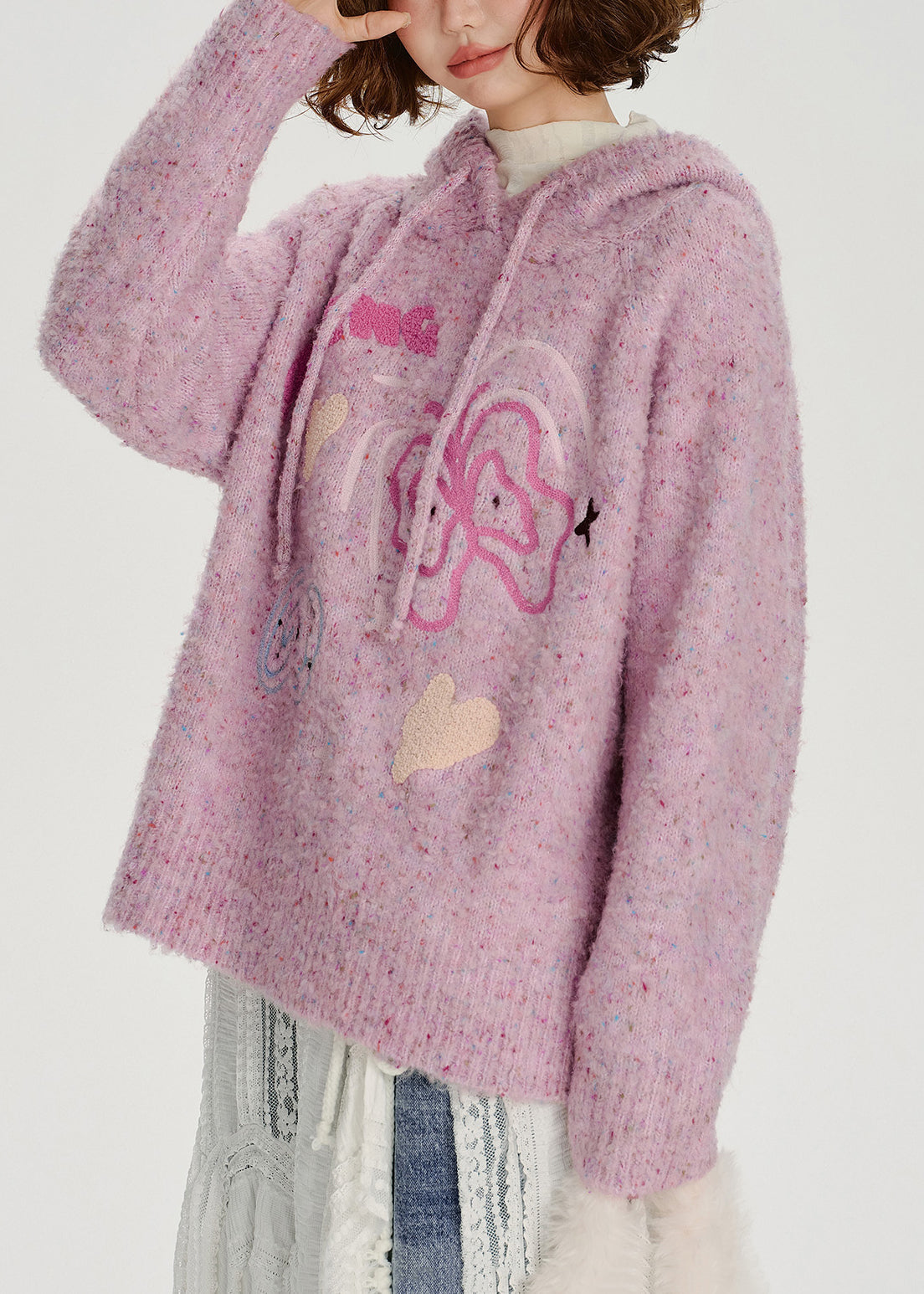 Lässiger, hellvioletter Kapuzenpullover aus Jacquard-Strick für den Winter