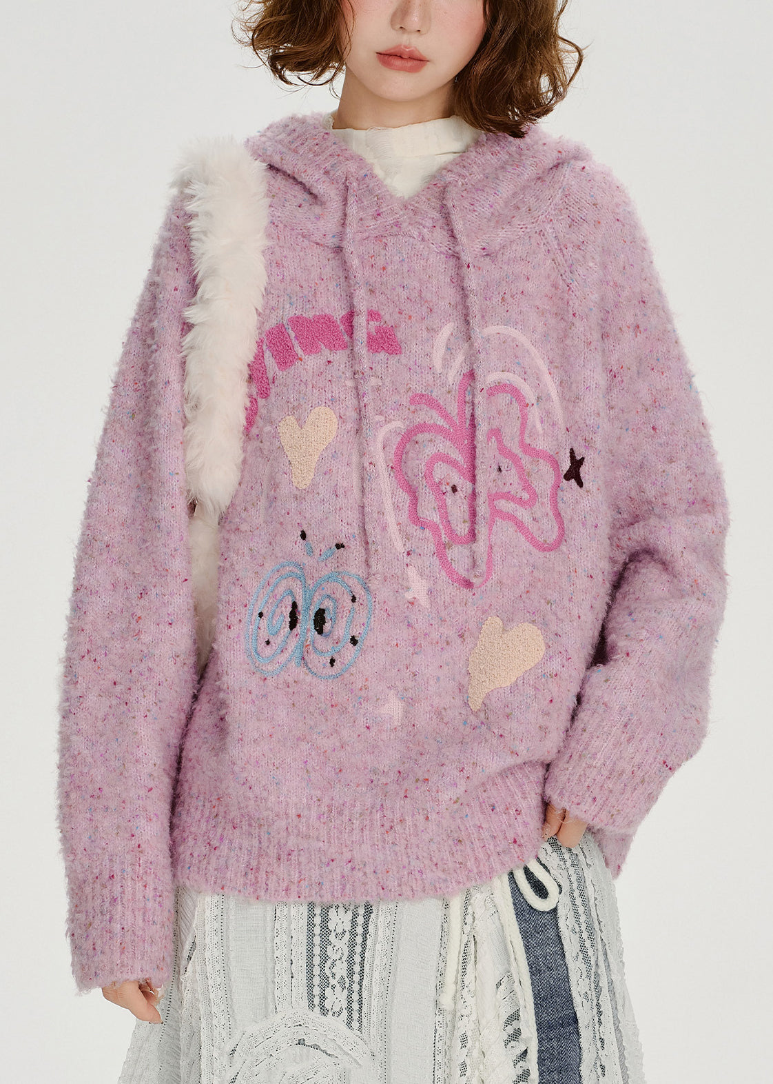 Lässiger, hellvioletter Kapuzenpullover aus Jacquard-Strick für den Winter