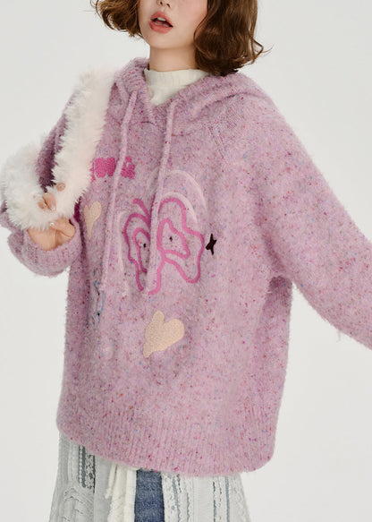 Lässiger, hellvioletter Kapuzenpullover aus Jacquard-Strick für den Winter