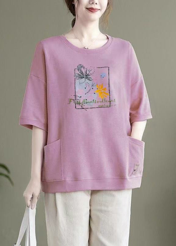 Casual Light Purple O Neck Pockets Patchwork Cotton Top Summer