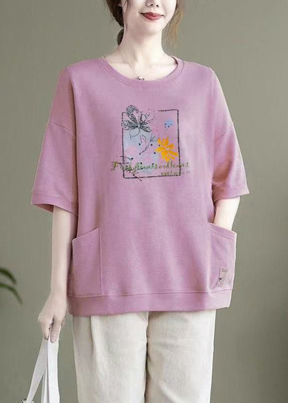 Casual Light Purple O Neck Pockets Patchwork Cotton Top Summer