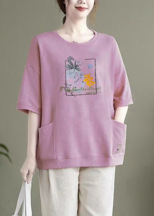 Casual Light Purple O Neck Pockets Patchwork Cotton Top Summer