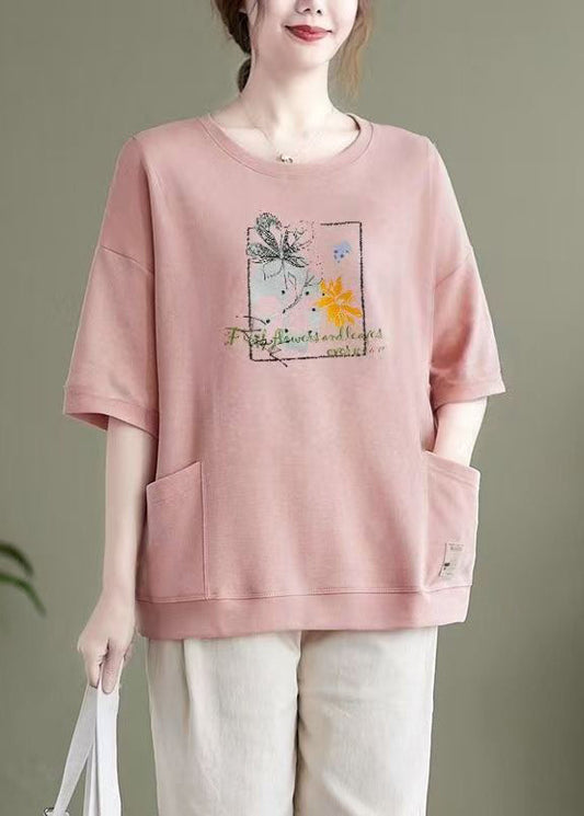 Casual Light Purple O Neck Pockets Patchwork Cotton Top Summer