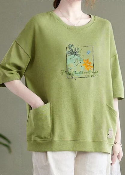 Casual Light Purple O Neck Pockets Patchwork Cotton Top Summer