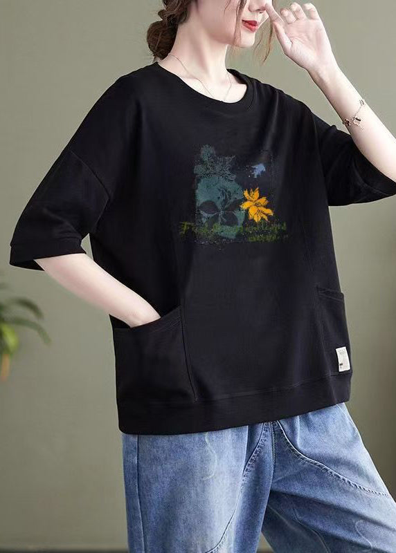 Casual Light Purple O Neck Pockets Patchwork Cotton Top Summer