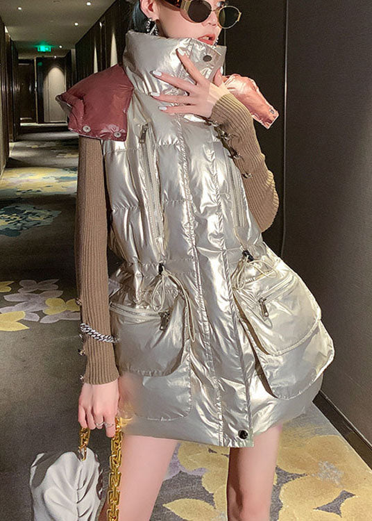 Lässige, hellgoldene, ärmellose Winter-Pufferweste mit U-Ausschnitt und Kordelzug und Schleife