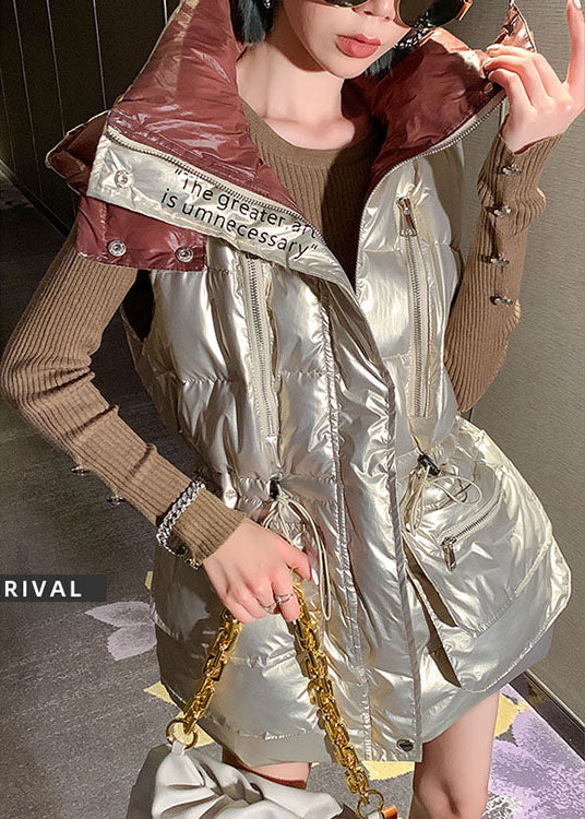 Lässige, hellgoldene, ärmellose Winter-Pufferweste mit U-Ausschnitt und Kordelzug und Schleife