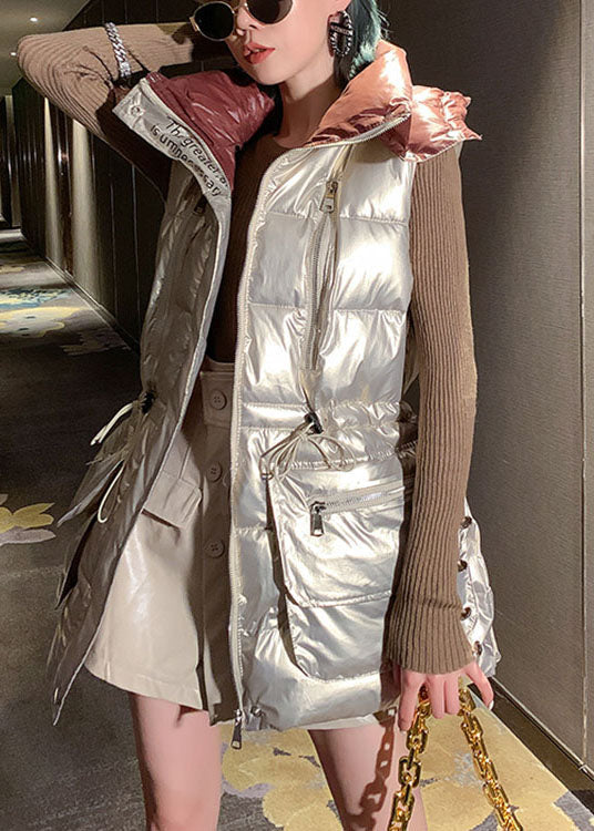 Lässige, hellgoldene, ärmellose Winter-Pufferweste mit U-Ausschnitt und Kordelzug und Schleife