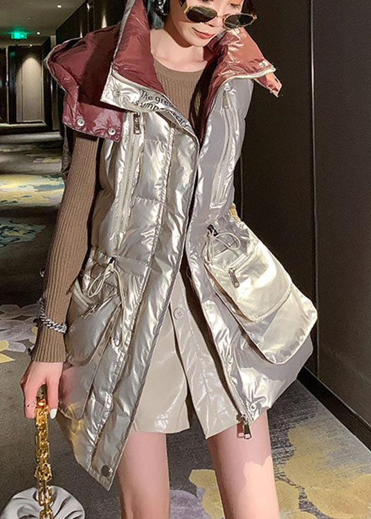 Lässige, hellgoldene, ärmellose Winter-Pufferweste mit U-Ausschnitt und Kordelzug und Schleife