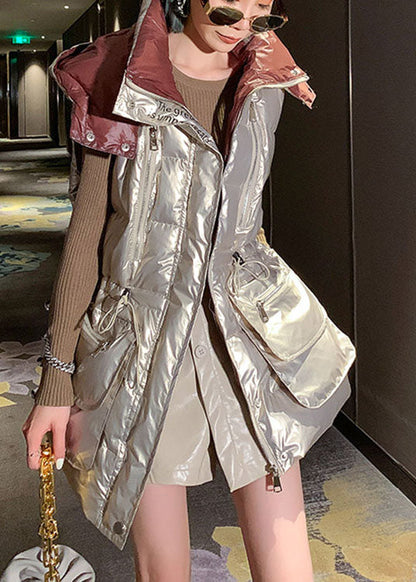 Lässige, hellgoldene, ärmellose Winter-Pufferweste mit U-Ausschnitt und Kordelzug und Schleife