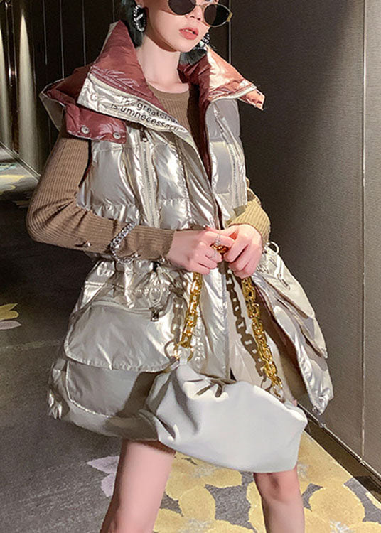 Lässige, hellgoldene, ärmellose Winter-Pufferweste mit U-Ausschnitt und Kordelzug und Schleife