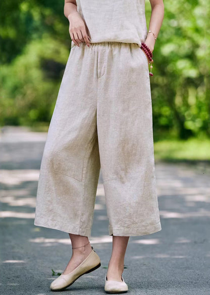 Casual Linen Pockets Elastic Waist Linen Crop Pants Summer
