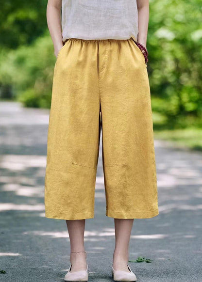 Casual Linen Pockets Elastic Waist Linen Crop Pants Summer