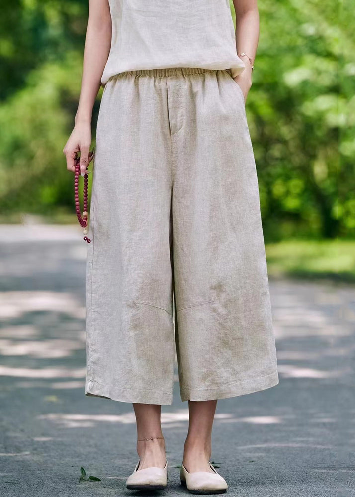 Casual Linen Pockets Elastic Waist Linen Crop Pants Summer