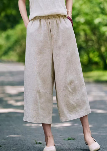 Casual Linen Pockets Elastic Waist Linen Crop Pants Summer