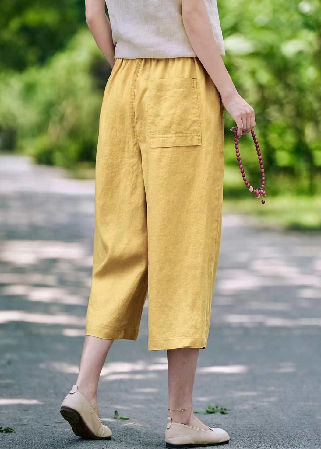 Casual Linen Pockets Elastic Waist Linen Crop Pants Summer