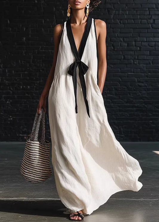 Casual Loose White V Neck Patchwork Cotton Dresses Sleeveless