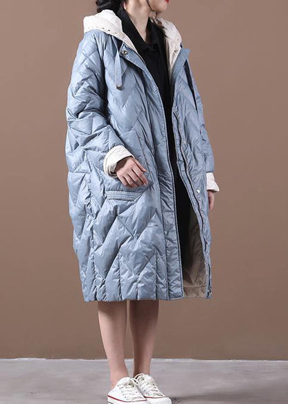 Casual Loose fitting down jacket overcoat light blue hooded zippered duck down coat - SooLinen
