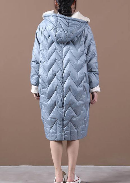 Casual Loose fitting down jacket overcoat light blue hooded zippered duck down coat - SooLinen