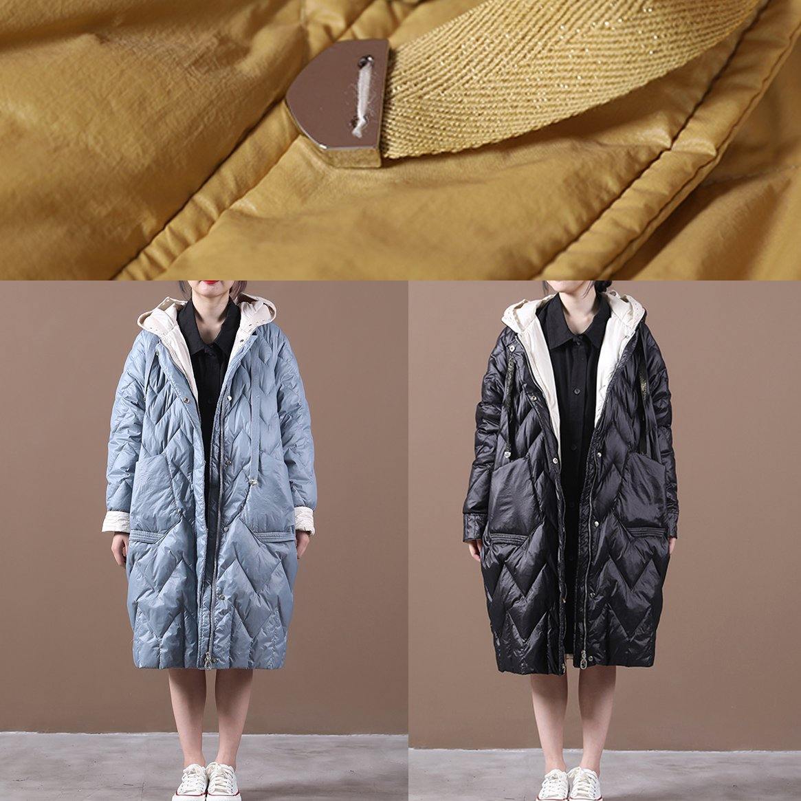 Casual Loose fitting down jacket overcoat light blue hooded zippered duck down coat - SooLinen