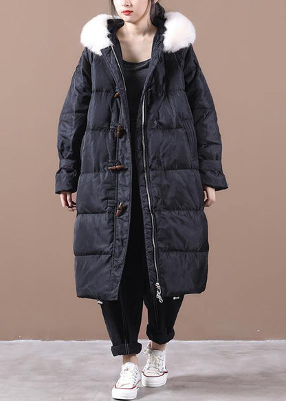 Casual Loose fitting snow jackets pockets overcoat black hooded fur collar warm winter coat - SooLinen