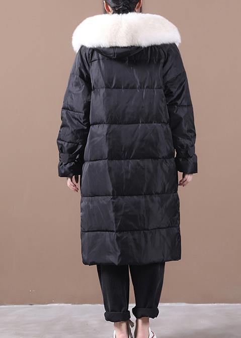 Casual Loose fitting snow jackets pockets overcoat black hooded fur collar warm winter coat - SooLinen