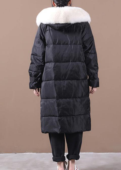 Casual Loose fitting snow jackets pockets overcoat black hooded fur collar warm winter coat - SooLinen