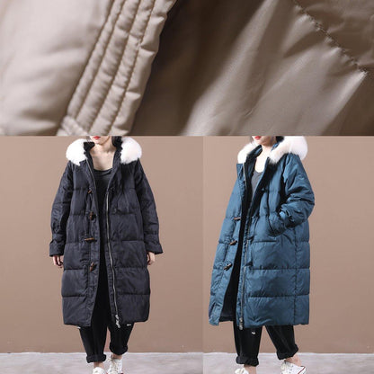Casual Loose fitting snow jackets pockets overcoat black hooded fur collar warm winter coat - SooLinen