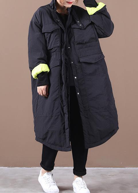 Casual Loose fitting womens parka pockets black stand collar asymmetric warm coat - SooLinen