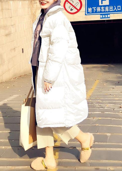 Casual Loose fitting womens parka winter outwear white stand collar Cinched duck down coat - SooLinen