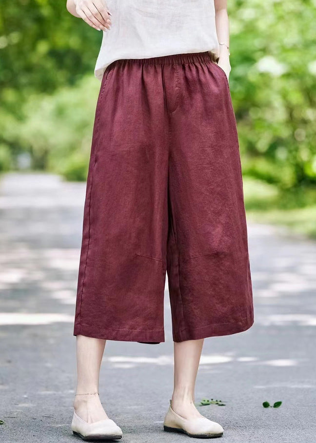 Casual Mulberry Pockets Elastic Waist Linen Crop Pants Summer