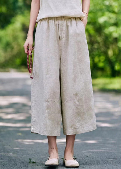 Casual Mulberry Pockets Elastic Waist Linen Crop Pants Summer