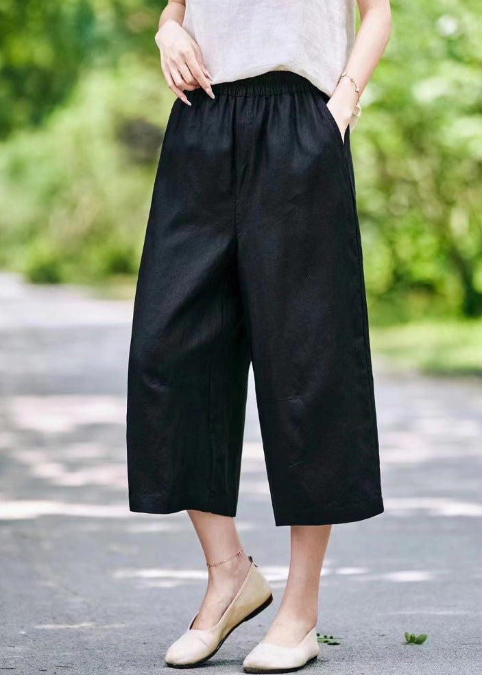 Casual Mulberry Pockets Elastic Waist Linen Crop Pants Summer