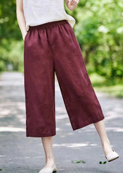 Casual Mulberry Pockets Elastic Waist Linen Crop Pants Summer