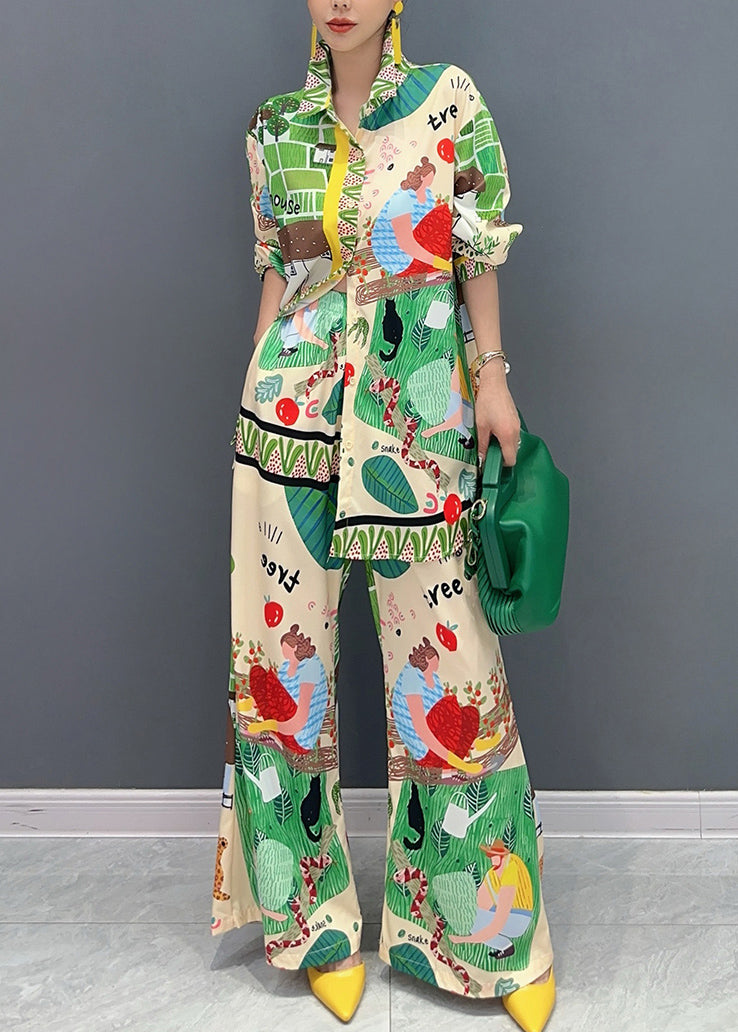 Casual Multicolor Peter Pan Collar Print Shirts And Wide Leg Pants Two Pieces Set Fall
