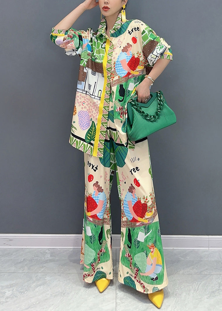 Casual Multicolor Peter Pan Collar Print Shirts And Wide Leg Pants Two Pieces Set Fall