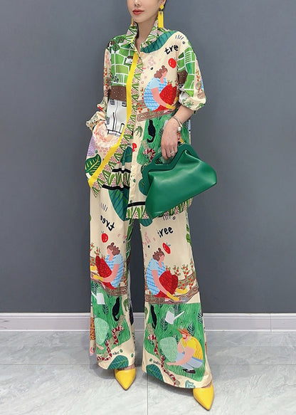 Casual Multicolor Peter Pan Collar Print Shirts And Wide Leg Pants Two Pieces Set Fall