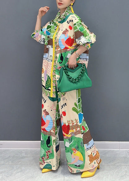 Casual Multicolor Peter Pan Collar Print Shirts And Wide Leg Pants Two Pieces Set Fall