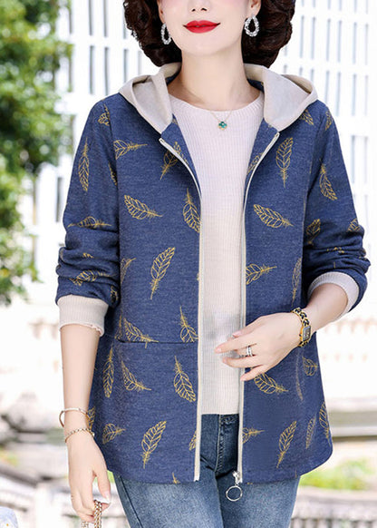 Lässige marineblaue Kapuzenjacken mit Reißverschluss und Patchwork-Design für den Frühling