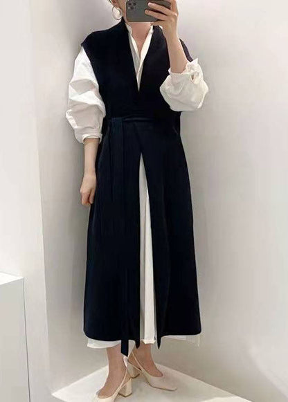 Casual Navy Cinched Zwei Stücke Set Strick Weste shirts kleid Frühling
