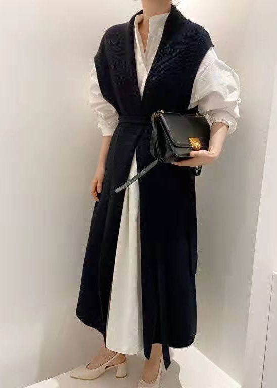 Casual Navy Cinched Zwei Stücke Set Strick Weste shirts kleid Frühling